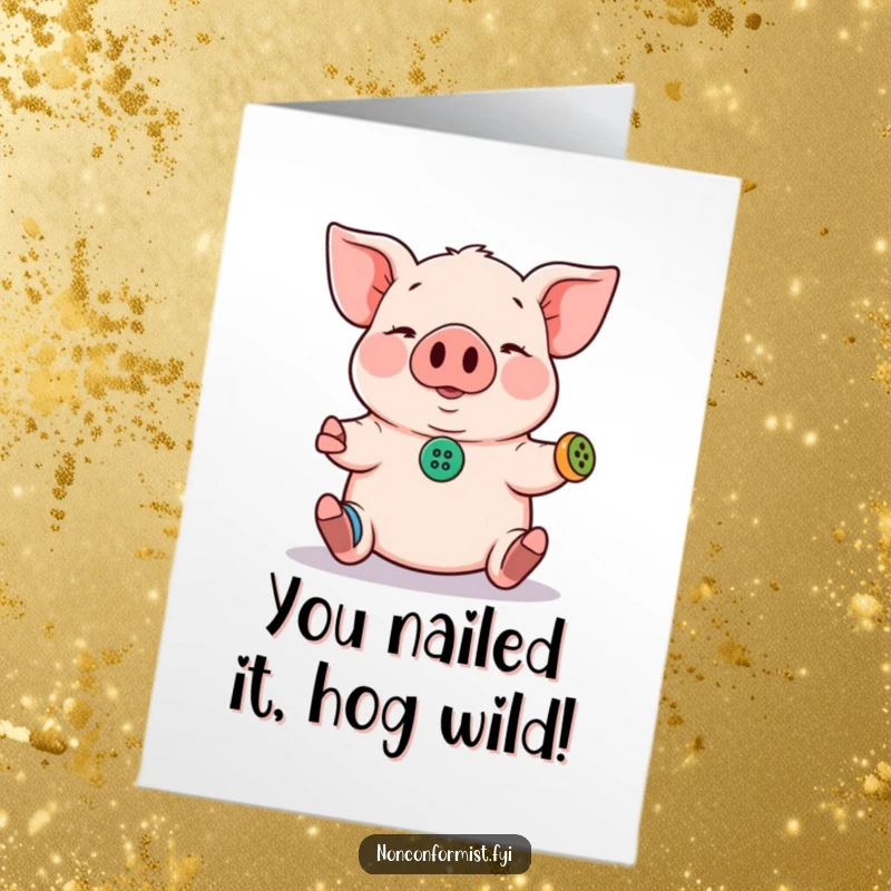 Funny Free Printable Congratulations Card: Pig juggling mismatched buttons, celebrating their accomplishment with chaotic joy.