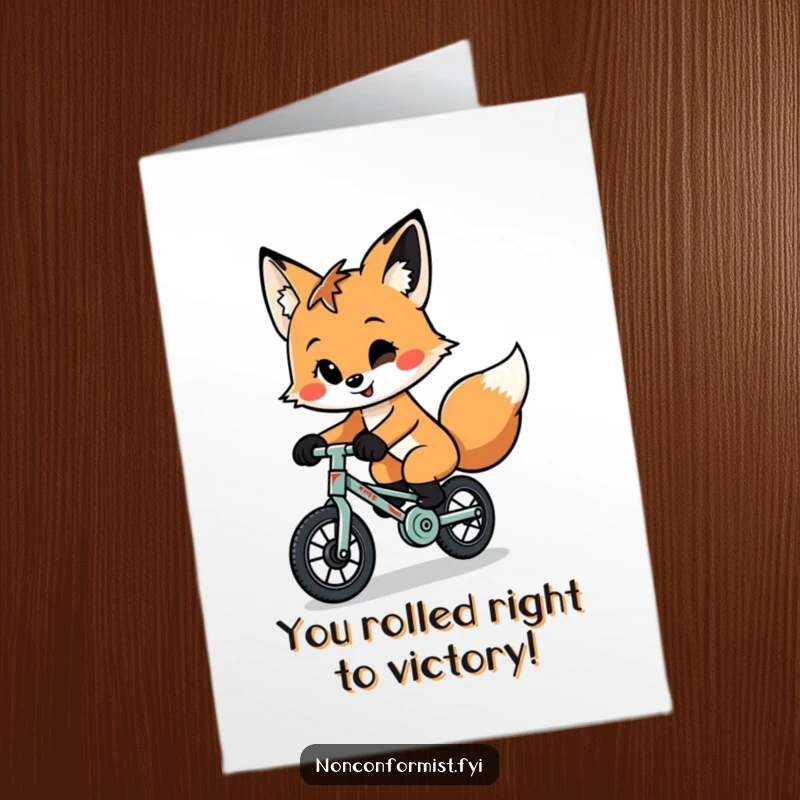 Funny Free Printable Congratulations Card with a quirky fox smirking while riding a tiny, patched-up unicycle.