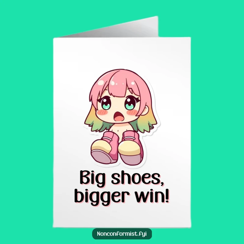 Free Printable Congrats Card: Surprised Character, Big Shoes Achievement, Humorous Downloadable Greeting