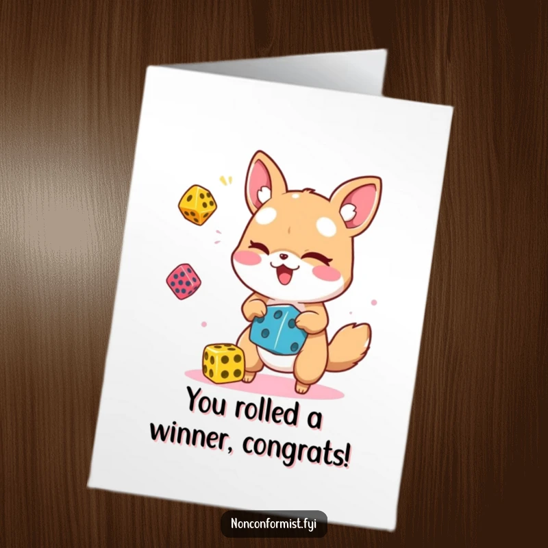 Funny Free Printable Congratulations Card: Adorable animal character playfully winks while juggling colorful dice, celebrating success.