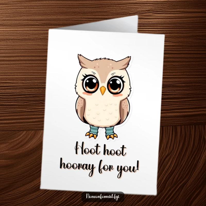 Free printable congratulations card: A cute owl with mismatched socks looks bewildered but you succeeded!