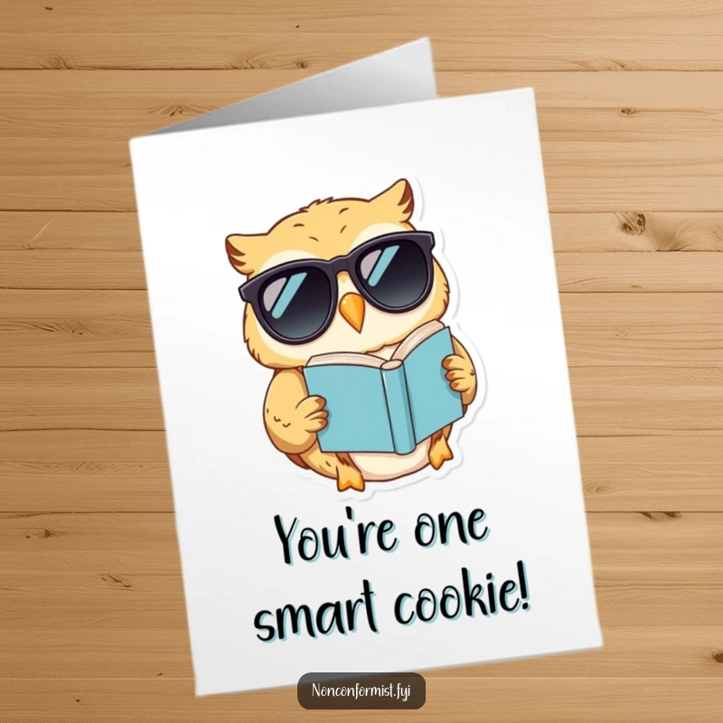 Funny Free Printable Congratulations Card, a smiling owl in sunglasses reads a book upside down, celebrating success.