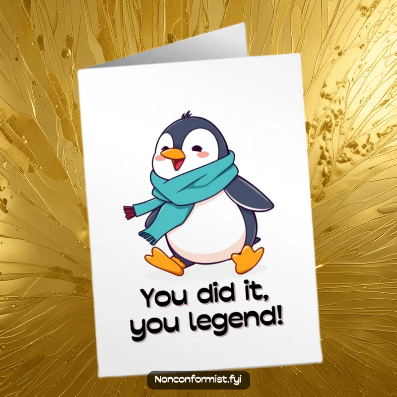 Funny Free Printable Congrats Card: A playful penguin in a wacky scarf takes a tumble, celebrating success comically.