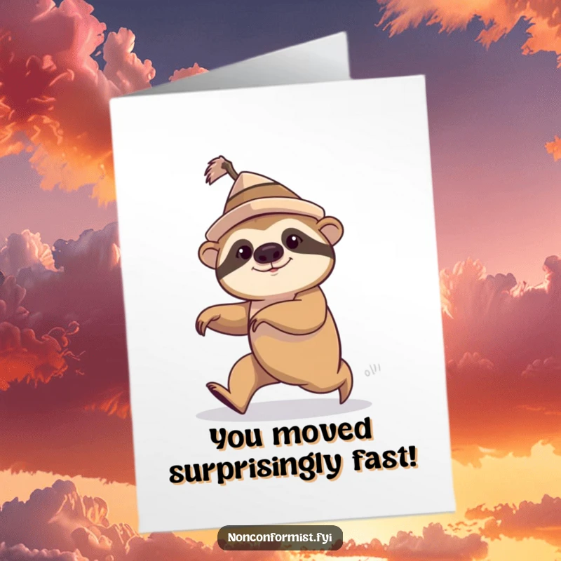 Funny Free Printable Congrats Card: A bizarrely fast sloth in a jaunty hat dashes off, celebrating success humorously.