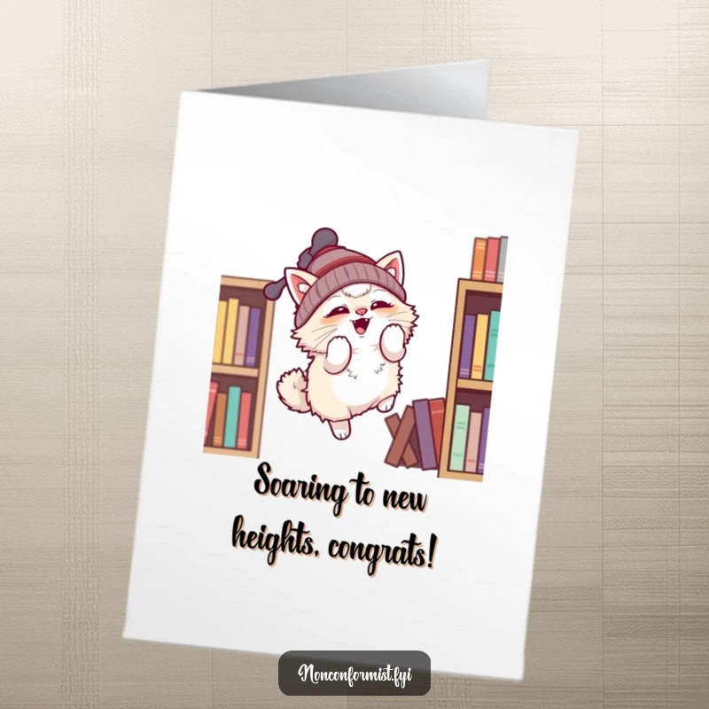Funny Free Printable Congratulations Card featuring a cat with a propeller beanie attempting flight from a shelf.