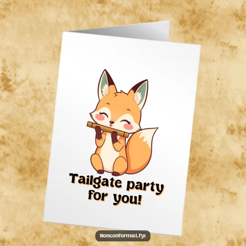 Funny free printable congratulations card showing a happy fox skillfully playing a flute with its tail, celebrating success.