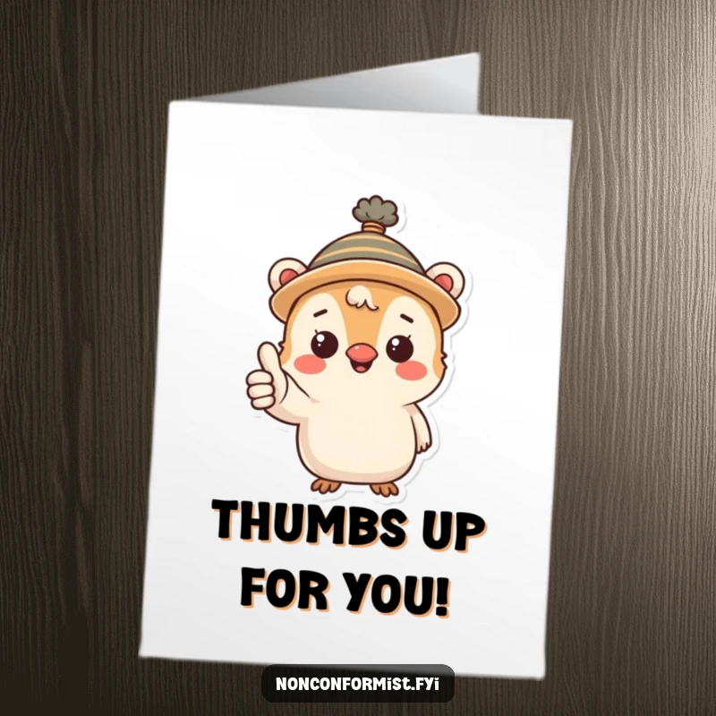 Funny Free Printable Congratulations Card: Little creature in a comical hat enthusiastically gives a thumbs up for success.