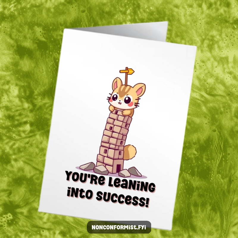 Funny Free Printable Congratulations Card: A small, determined animal stacking blocks precariously.