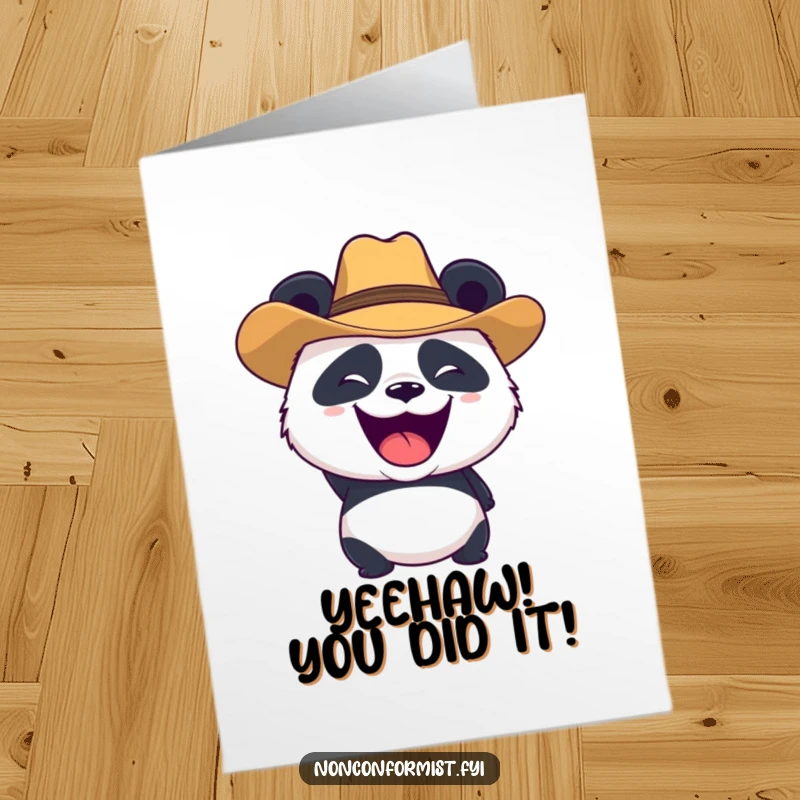 Funny free printable congratulations card: Panda wearing a cowboy hat, roaring joyfully, celebrating success.