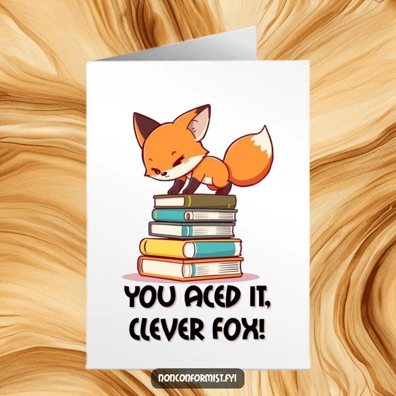 Funny free printable congratulations card: a determined fox attempts to balance on a tall, teetering stack of books.