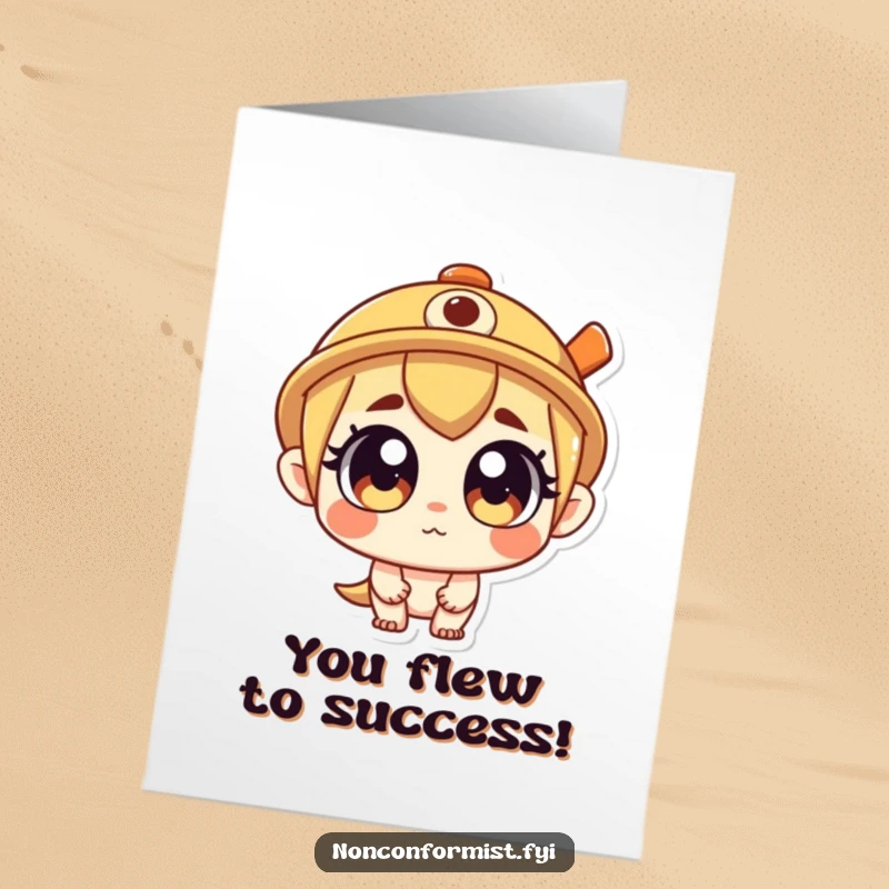 Funny Free Printable Congratulations Card: Curious propeller hat character celebrating with excitement, perfect humorous downloadable congratulations.