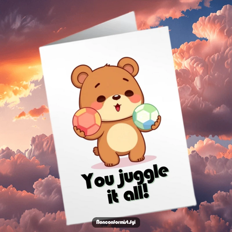 Funny Free Printable Congratulations Card: A cute bear gleefully juggling three colorful balls, celebrating a successful achievement with a wide smile.