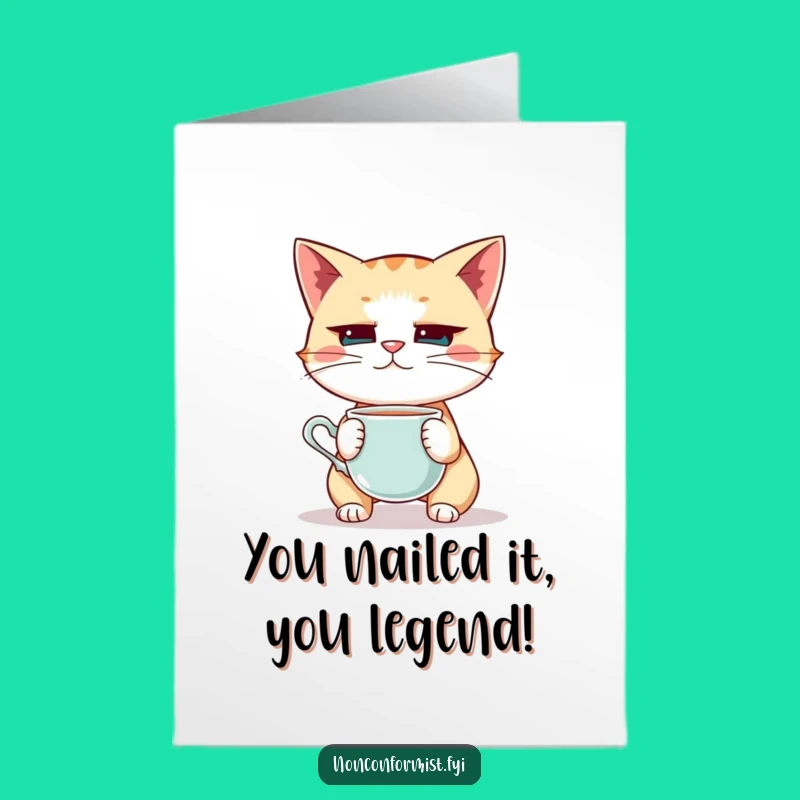 Free Printable Congrats Card: Focused Cat Teacup Balance - Hilarious Downloadable Gift