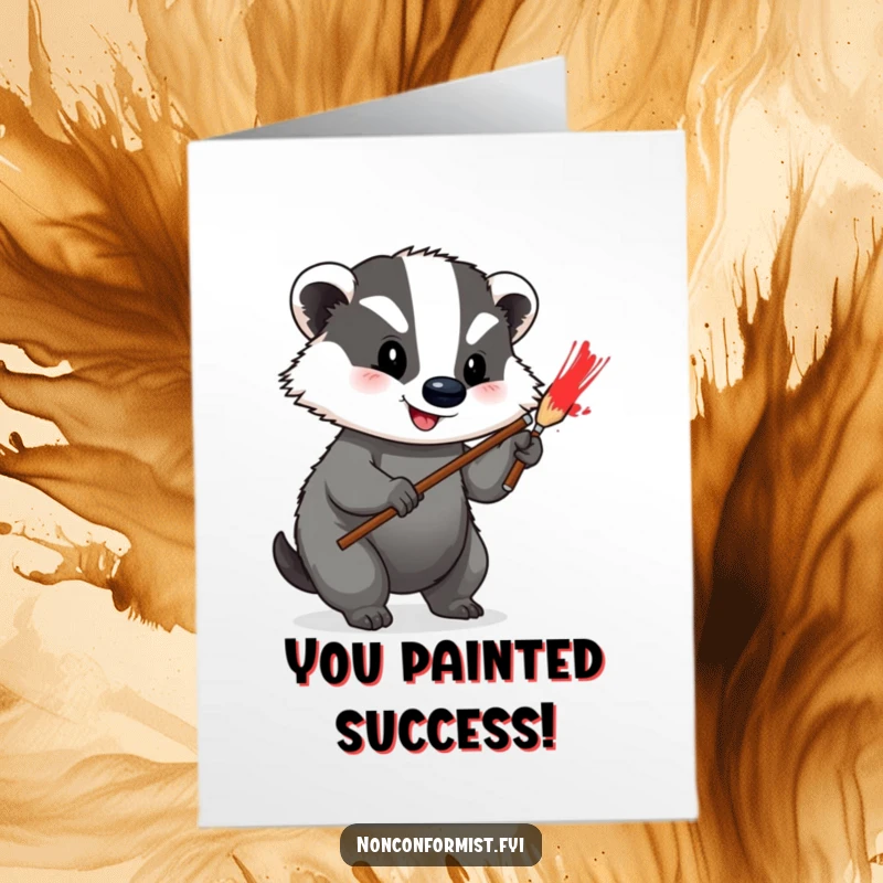 Funny Free Printable Congratulations Card showing a badger enthusiastically painting a bright red stripe, symbolizing a striking success.