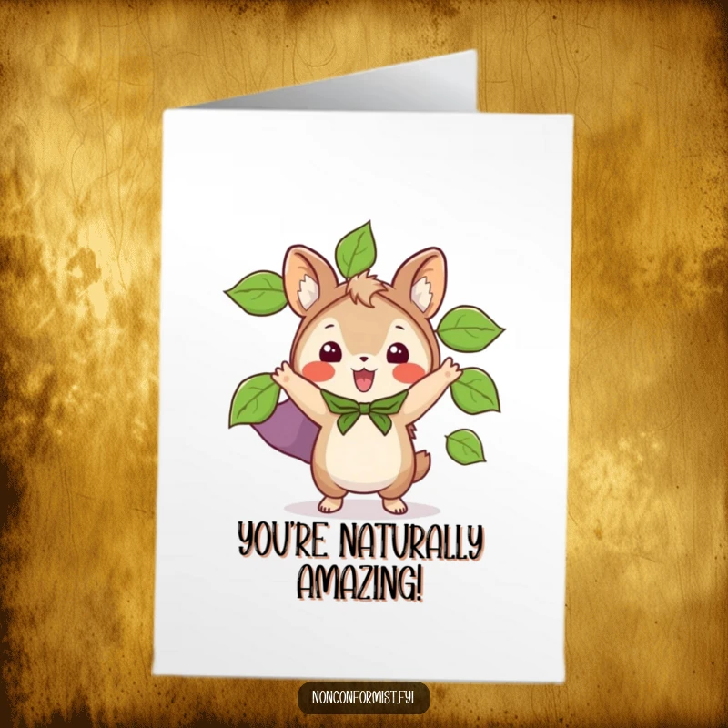 Funny Free Printable Congratulations Card: Little animal wearing a cape fashioned from leaves strikes a heroic pose in victory.
