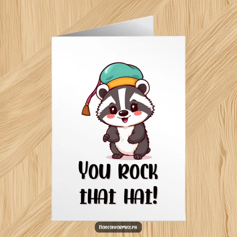 Free printable congratulations card: An excited badger wears a bright, wacky hat, celebrating your achievement.