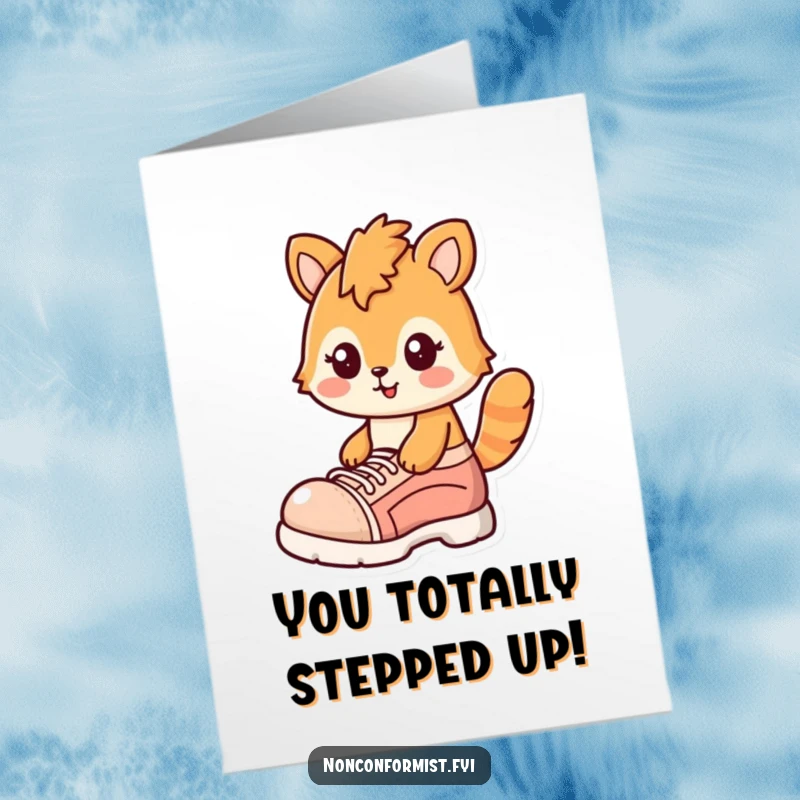 Funny Free Printable Congratulations Card: Cheerful animal standing confidently in one oversized shoe.