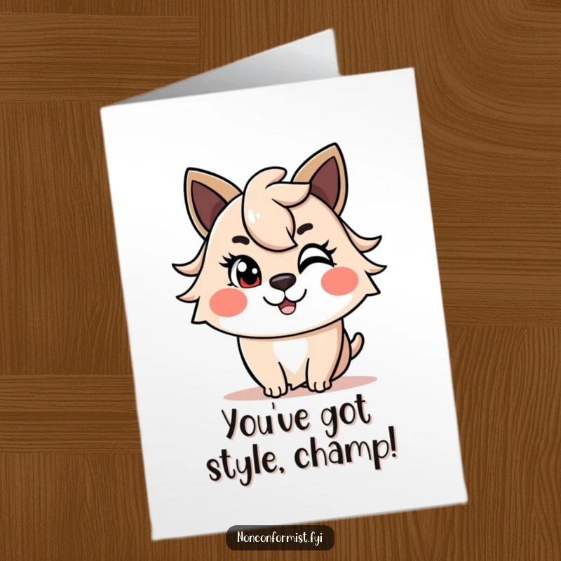 Funny Free Printable Congratulations Card: Cheerful animal giving a mischievous wink, with a stylish asymmetrical haircut, humorous downloadable congrats.