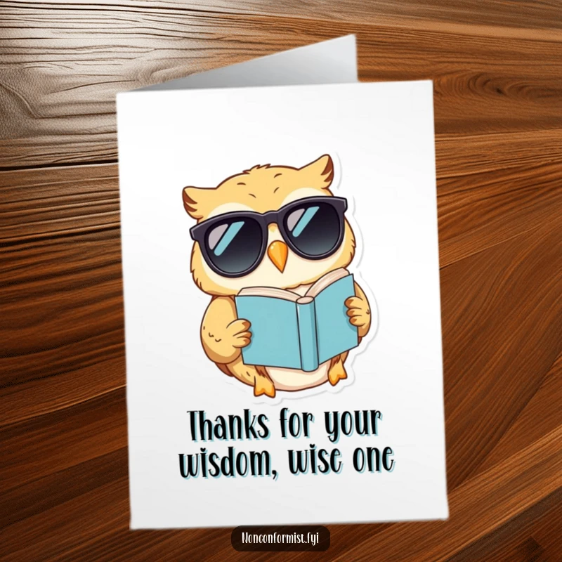 Funny Free Printable Thank You Card, a sunglasses-wearing owl reads a book upside down, conveying thanks.