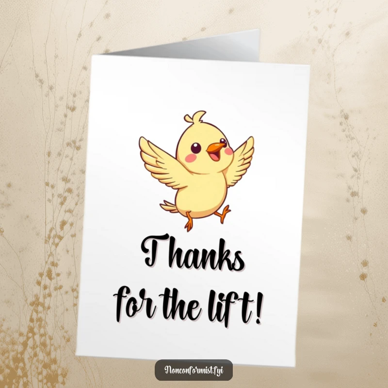 Funny Free Printable Thank You Card of a spirited bird character with a joyful chirp, performing a unique aerial flip with enthusiasm.