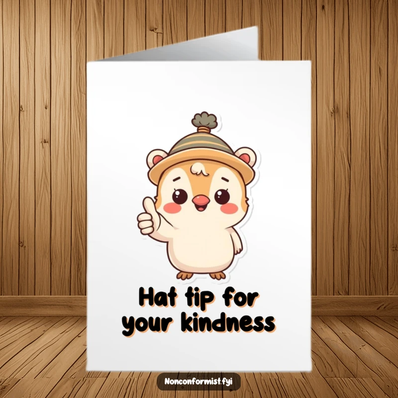 Funny Free Printable Thank You Card: Cute creature wearing a silly hat gives a positive thumbs up of thanks.