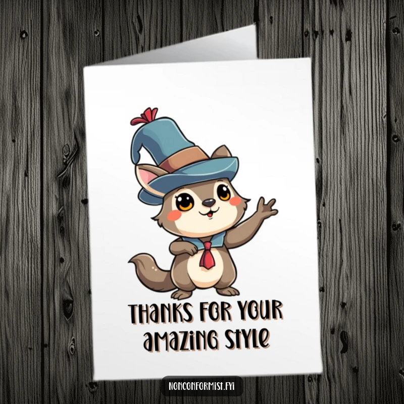 Funny Free Printable Thank You Card: Quirky animal character poses dramatically in an eccentric hat, conveying thanks with flair.