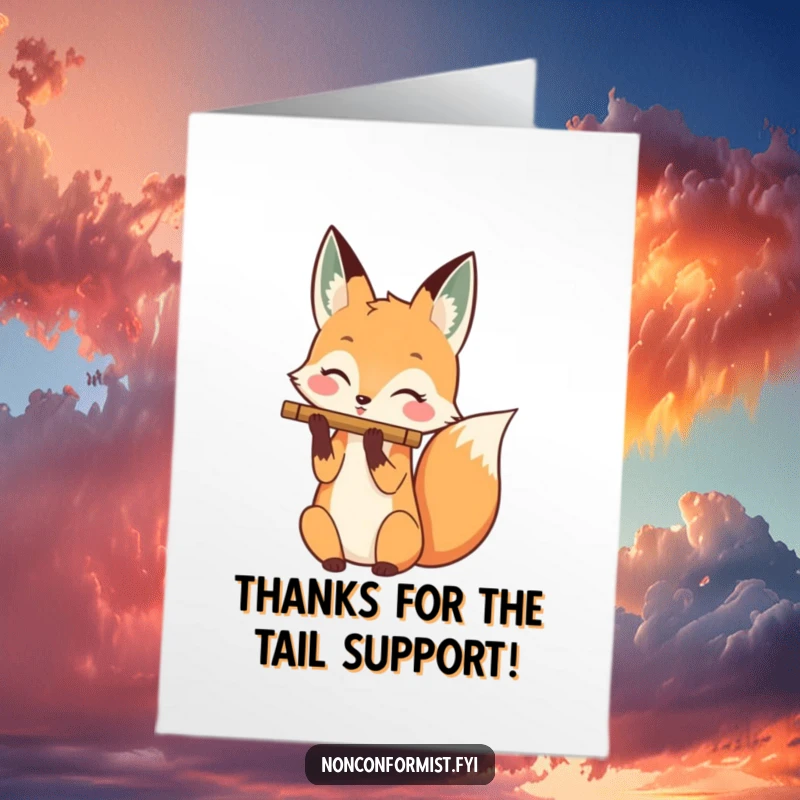 Funny free printable thank you card of a happy fox playing a flute with its tail, conveying sincere thanks.