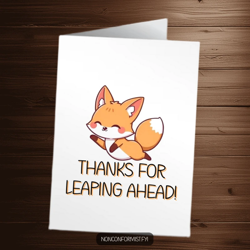 Funny Free Printable Thank You Card: A fox in mid-air, joyfully leaping over a straight line, expressing thanks with a spirited flourish.
