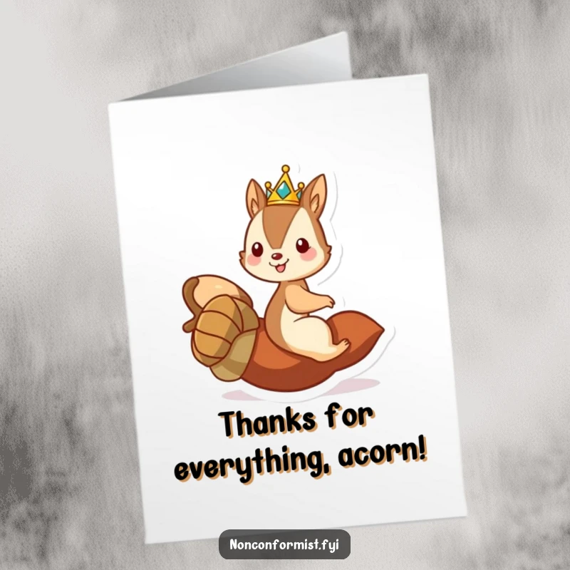 Funny free printable thank you card: a squirrel king with a crown rides a rolling acorn, conveying thanks.