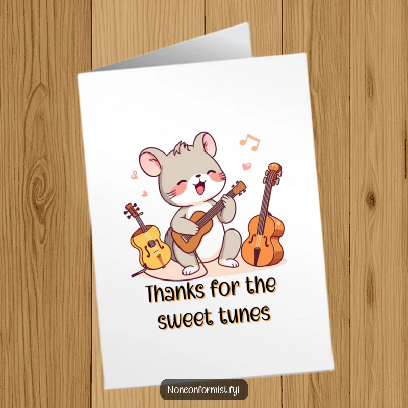 Funny Free Printable Thank You Card: Tiny creature happily performs a concert on a variety of instruments as thanks.