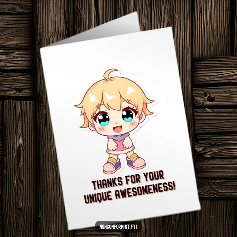 Funny Free Printable Thank You Card: A character with bright eyes and mismatched shoes offering a warm, genuine smile of thanks.