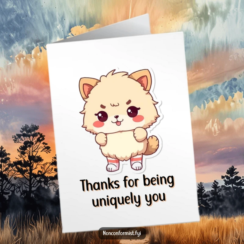 Funny Free Printable Thank You Card: Fluffy animal championing odd socks, offering defiant thanks. A memorable DIY gift.