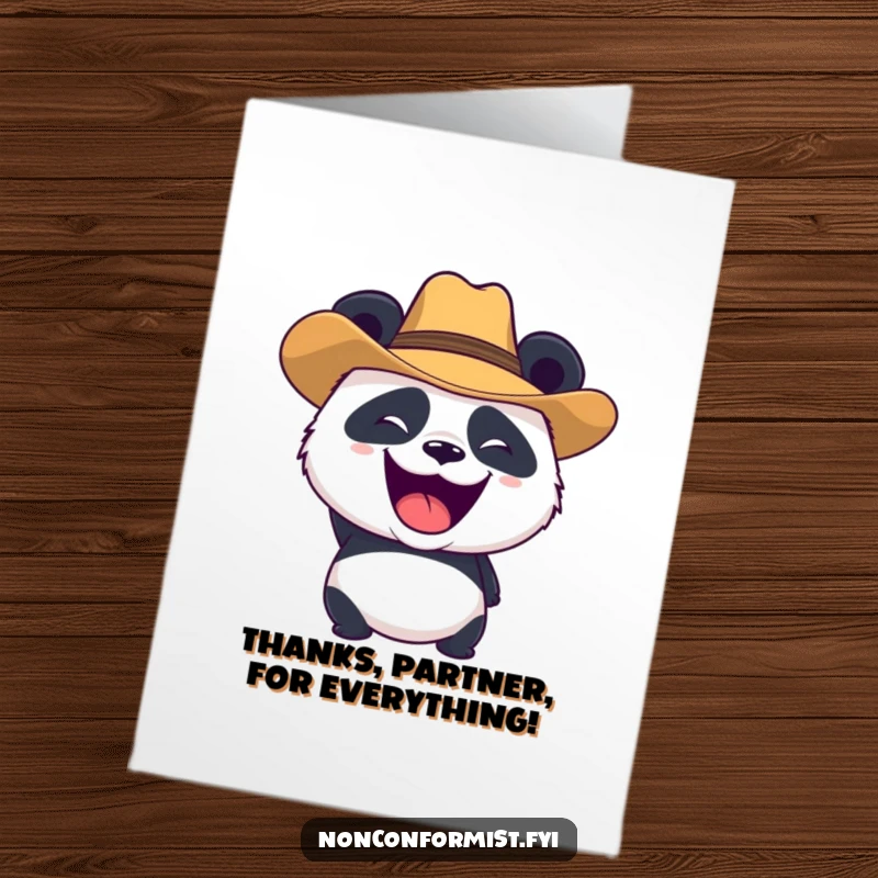 Funny free printable thank you card: Panda in cowboy hat, roaring with thanks, wild appreciation.