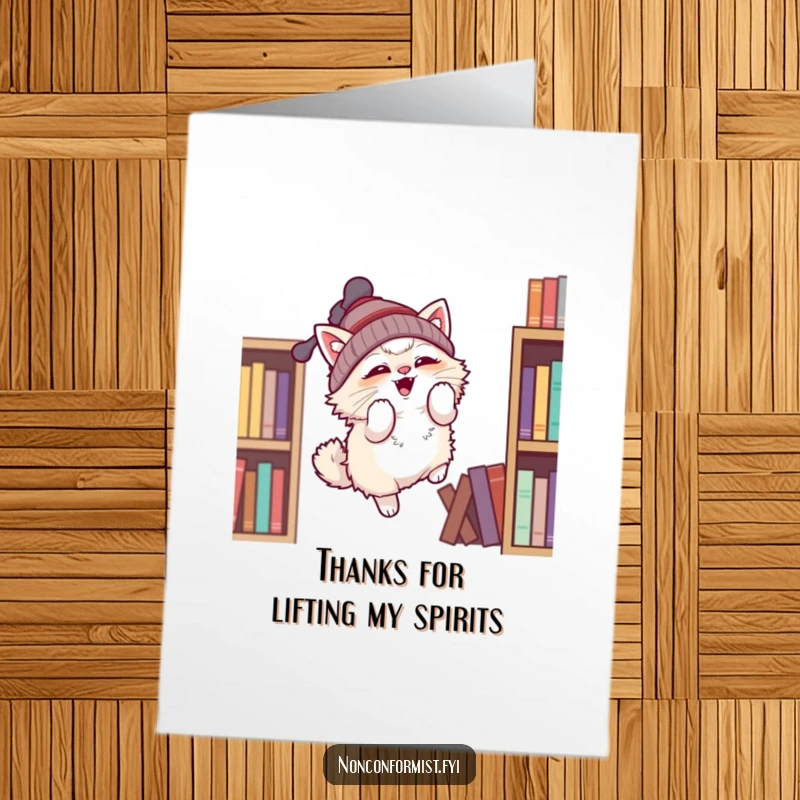 Funny Free Printable Thank You Card of a fluffy cat in a propeller beanie about to jump off a bookshelf.