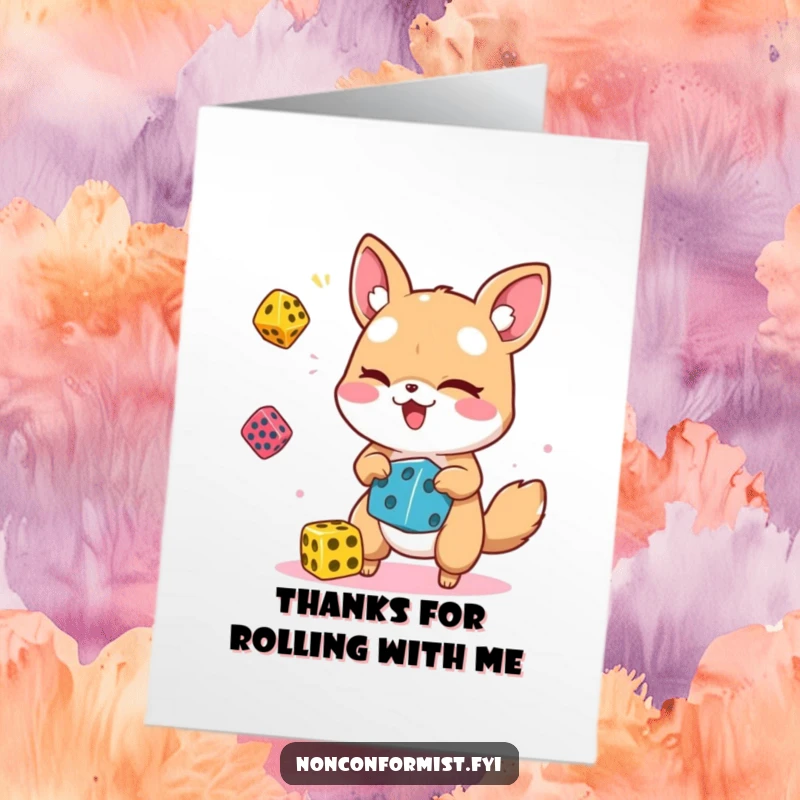 Funny Free Printable Thank You Card: Cute animal character winks while juggling dice, expressing cheerful gratitude.