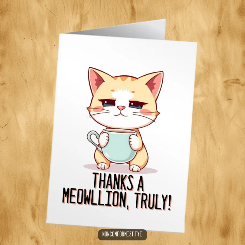 Free printable thank you card featuring a quirky cat with intense focus balancing a teacup on its nose.