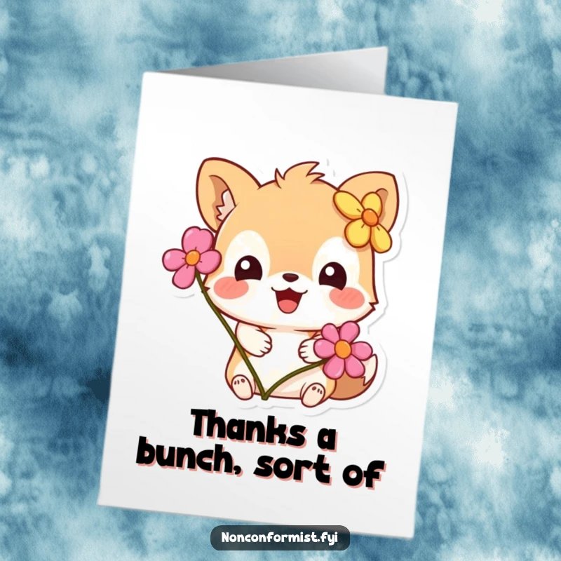 Funny Free Printable Thank You Card: Little animal confused by a flower worn incorrectly, a charmingly silly thank you.