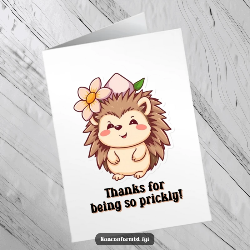 Funny Free Printable Thank You Card: A happy hedgehog wearing an upside-down flower hat, expressing gratitude.
