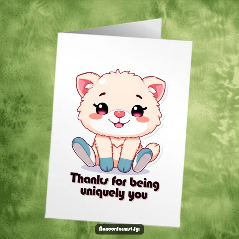Funny Free Printable Thank You Card: Cute fluffy animal with a proud grin wears mismatched socks, expressing thanks cheerfully.