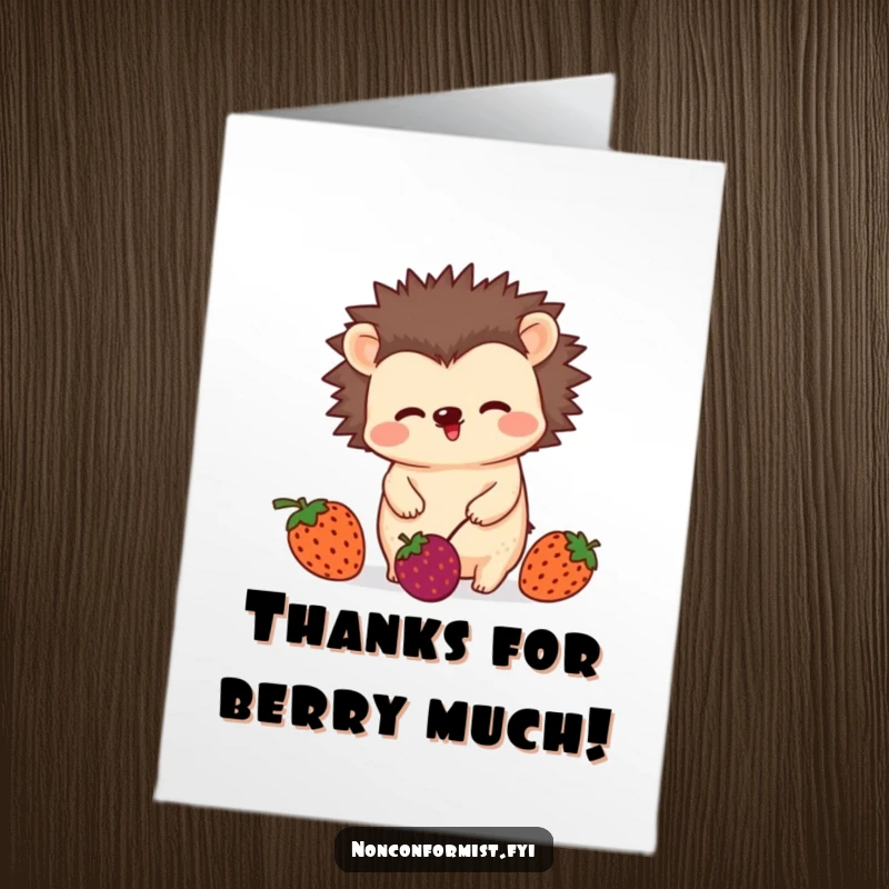 Funny Free Printable Thank You Card of an unconventional hedgehog character playfully wiggling while juggling three mismatched berries with a cheerful expression.