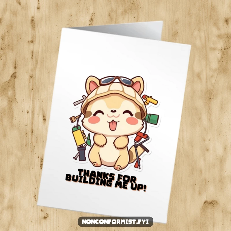 Funny Free Printable Thank You Card: Playful animal builder with tongue out, presenting a unique gift, humorous downloadable thank you.