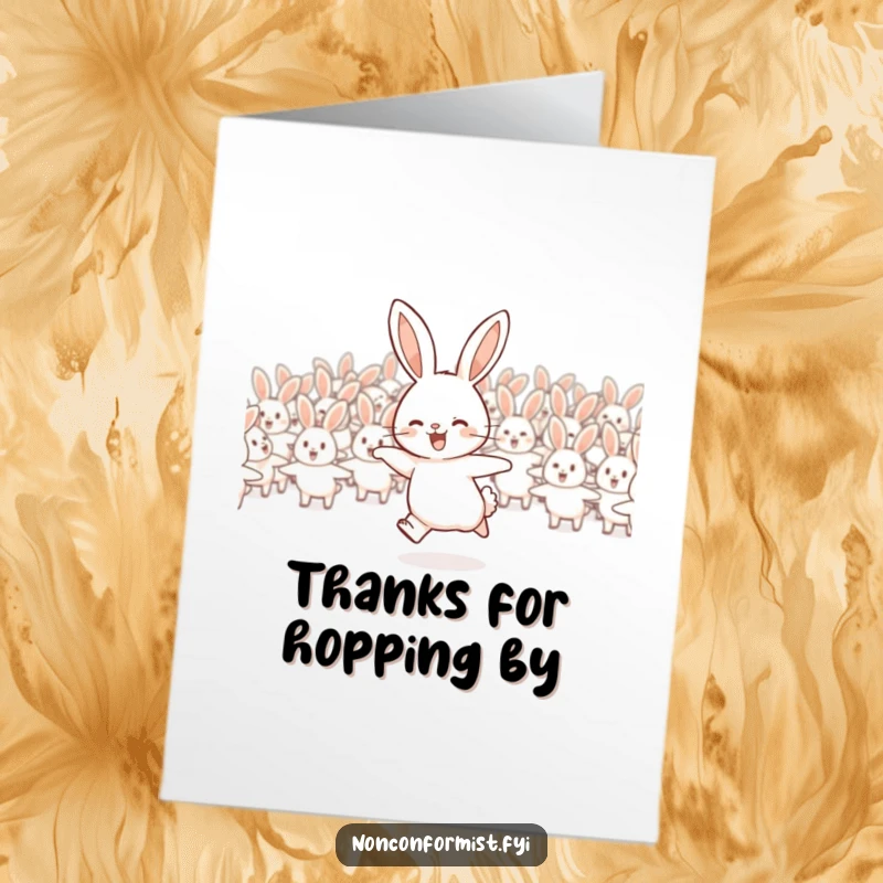 Funny free printable thank you card: A rabbit hops joyfully away from a group, embracing its own direction.