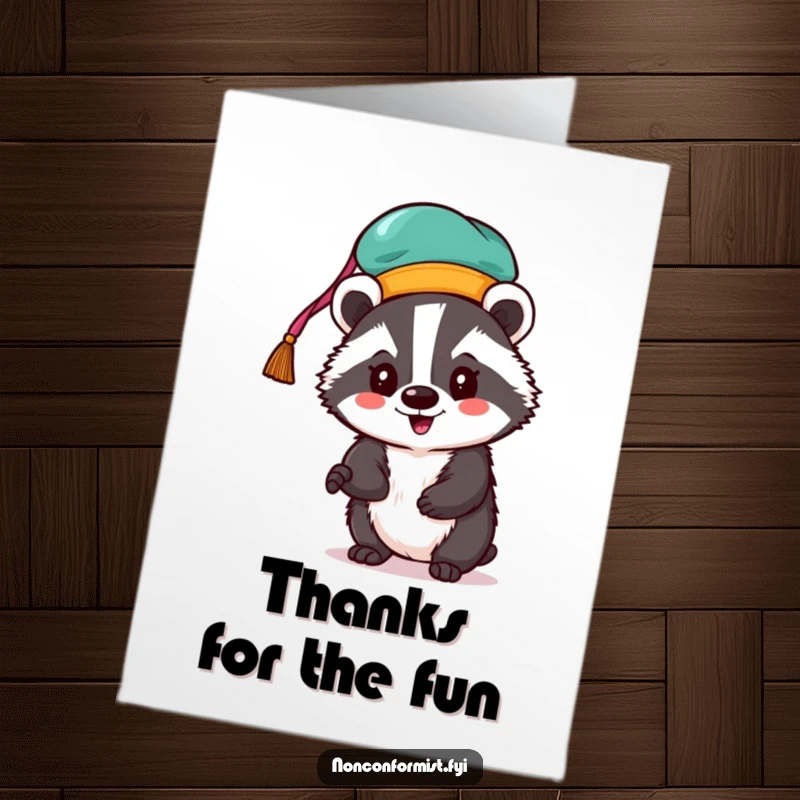 Funny free printable thank you card: A badger enthusiastically wears a bright, peculiar hat, offering thanks.