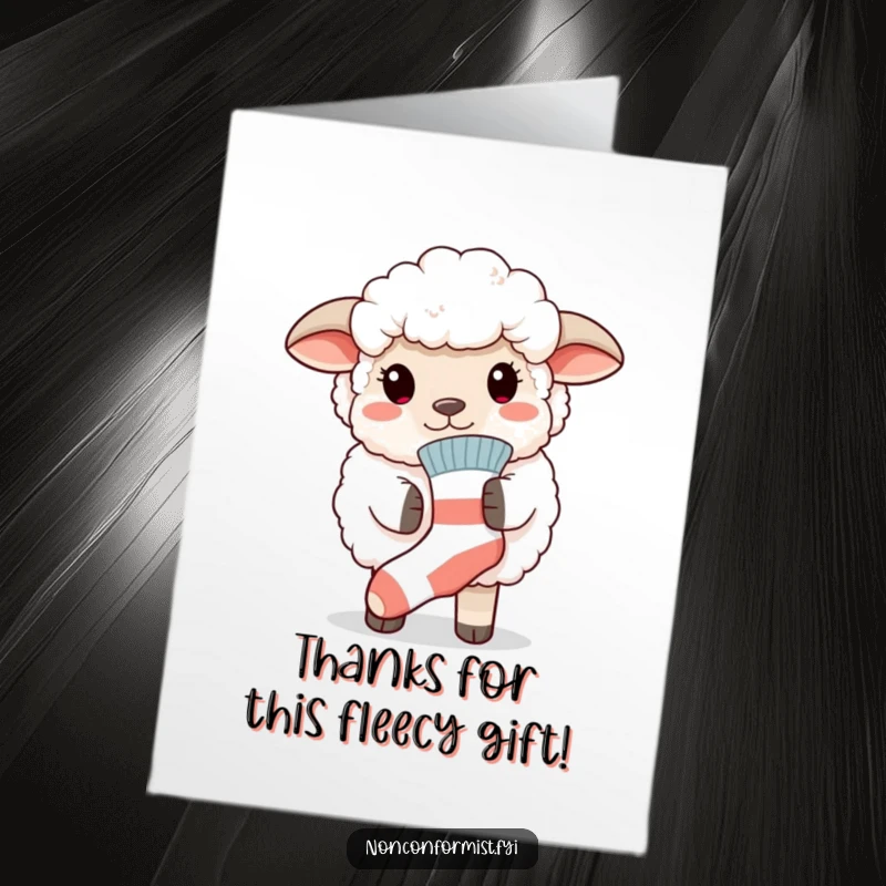 Funny Free Printable Thank You Card: Sheep showing off its single mismatched sock with pride, a charming downloadable sentiment.