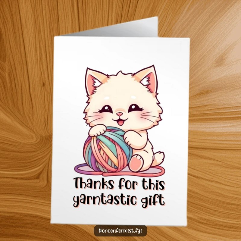 Funny free printable thank you card of a happy cat tangled in a ball of colorful yarn, offering thanks.