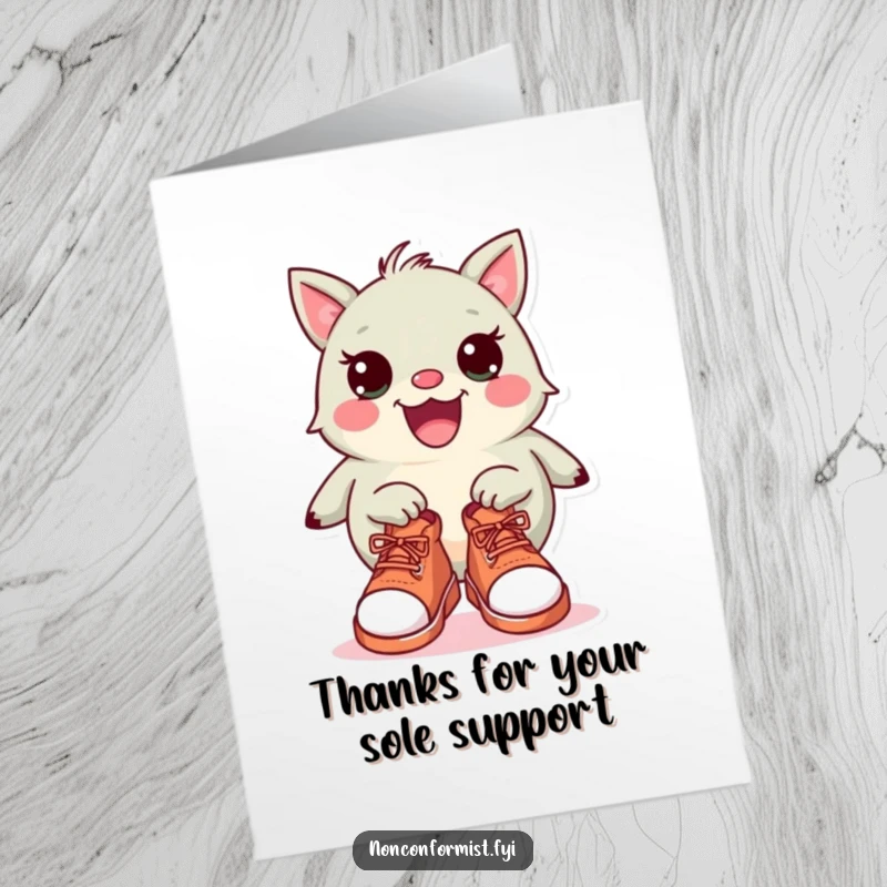 Funny Free Printable Thank You Card: A strange creature wearing two different shoes, a charmingly odd way to say thanks.