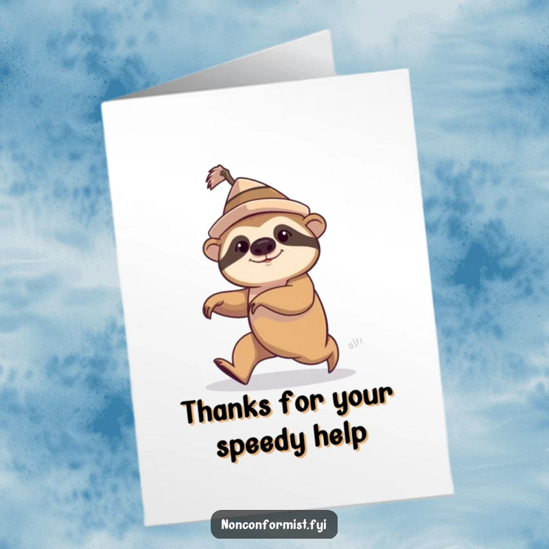 Funny Free Printable Thank You Card: A determined sloth wearing a small hat hilariously tries to speed walk, showing thanks.