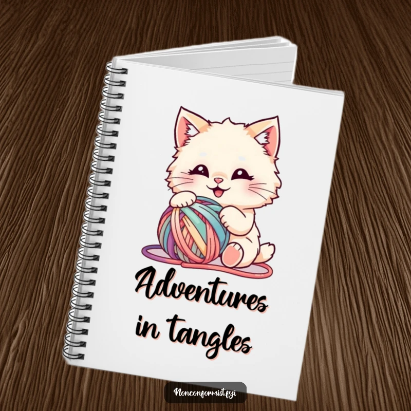 Funny notebook cover showing a fluffy cat gleefully playing with a chaotic, colorful ball of yarn, perfect for jotting notes.