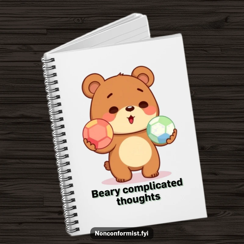 Funny juggling bear on a notebook cover, keeping colorful balls airborne, symbolizing multitasking and creative thought.