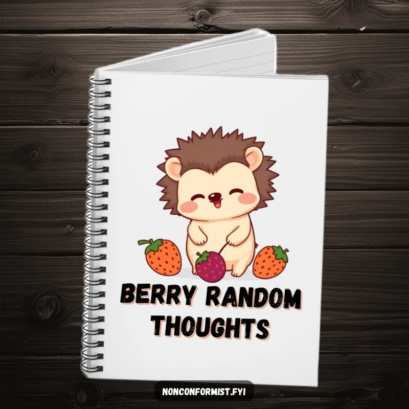 Funny notebook cover with an unconventional hedgehog character wiggling playfully while juggling three mismatched berries, perfect for journaling.